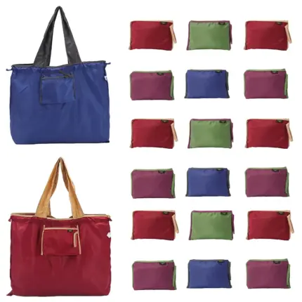 Multi-color foldable drawstring reusable shopping tote bag with outer zipper pocket, folded compact design for grocery and travel use