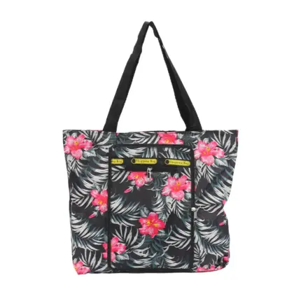 Pattern printed foldable reusable tote bag with front zipper pocket, lightweight washable large shopping bag for groceries, travel and everyday daily use