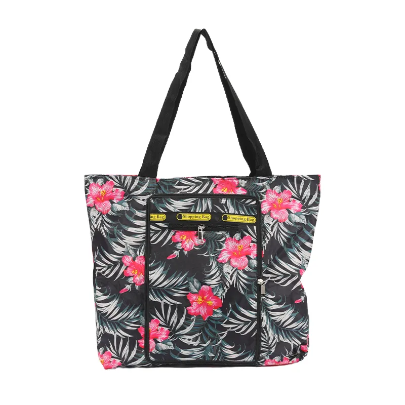 Printed Foldable Reusable Shopping Tote Bag Pattern printed foldable reusable tote bag with front zipper pocket, lightweight washable large shopping bag for groceries, travel and everyday daily use
