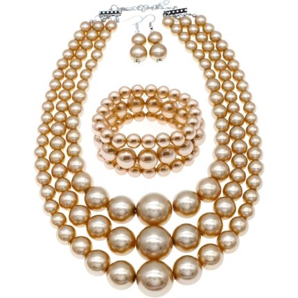 Champagne oversized multi-layer faux pearl 3-piece jewelry set necklace bracelet earrings for formal party wear