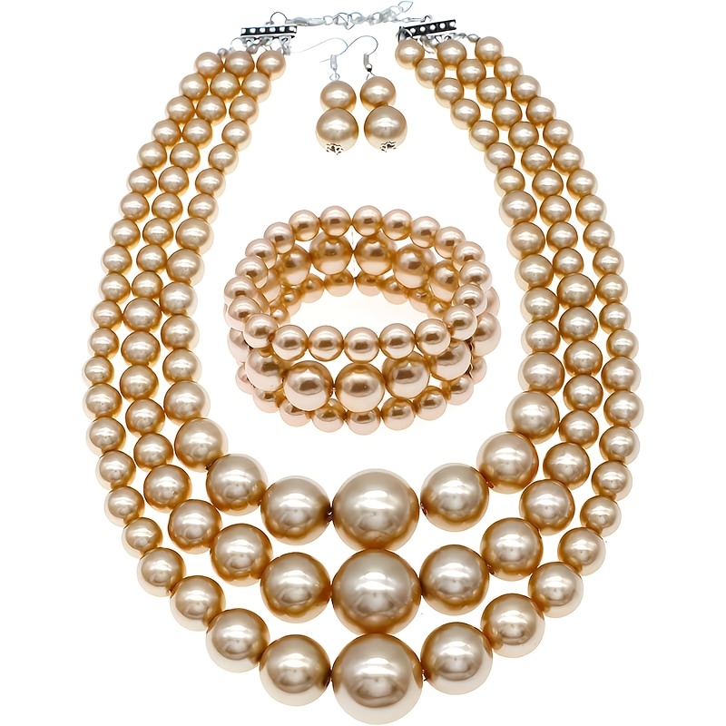 Champagne oversized multi-layer faux pearl 3-piece jewelry set necklace bracelet earrings for formal party wear