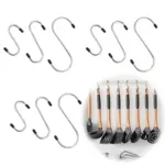Assorted size silver anti-slip metal S hooks set with rubber tip ends, displayed hanging kitchen utensils for storage demonstration