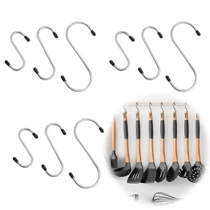 Assorted size silver anti-slip metal S hooks set with rubber tip ends, displayed hanging kitchen utensils for storage demonstration