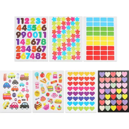 Assorted colorful self-adhesive stickers including number, heart, square and star designs for kids reward charts, classroom use and DIY craft decoration