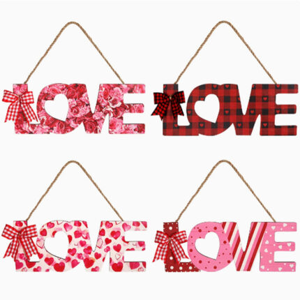 Four styled wooden LOVE letter hanging signs with plaid, heart and floral prints for Valentine wall decoration