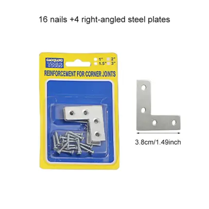 Two size packs silver L-shaped metal corner brace sets with mounting screws for furniture corner reinforcement
