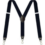 Black unisex Y-back elastic suspenders with metal hook clips and leather reinforcement for keeping trousers up