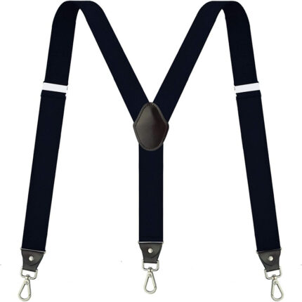 Black unisex Y-back elastic suspenders with metal hook clips and leather reinforcement for keeping trousers up