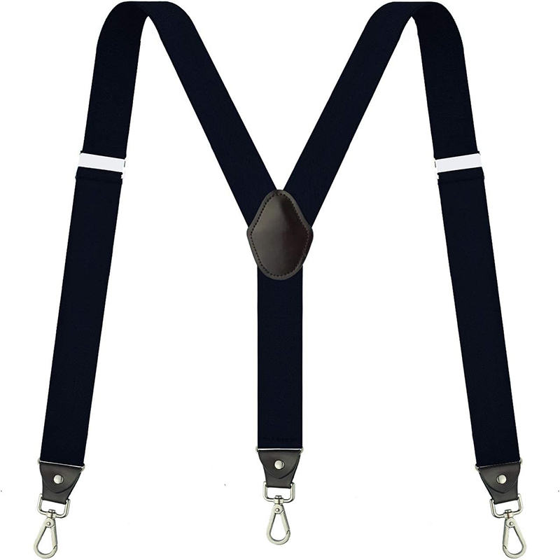 Black unisex Y-back elastic suspenders with metal hook clips and leather reinforcement for keeping trousers up