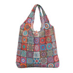 Multiple colorful ethnic mosaic tile print foldable reusable shopping bags in unfolded and folded state