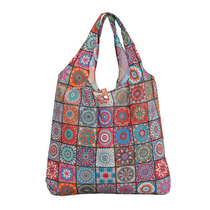 Multiple colorful ethnic mosaic tile print foldable reusable shopping bags in unfolded and folded state