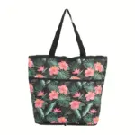Multi-style floral printed foldable reusable shopping tote bag with front outer pocket and carry handles