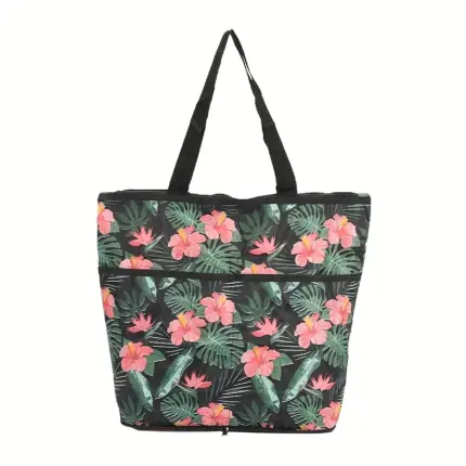 Multi-style floral printed foldable reusable shopping tote bag with front outer pocket and carry handles