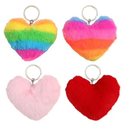 4 Styles Fluffy Heart Pom Pom Keychains, Rainbow & Solid Color Plush Heart Bag Charms for Handbag Key Ring Decor