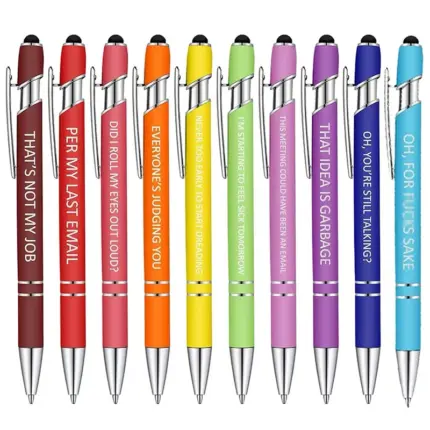 Set of 10 colorful retractable ballpoint pens printed with humorous workplace sarcastic quotes for office daily writing and gifting