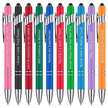 Multicolor metal click ballpoint pens with funny nurse inspirational quotes, built-in stylus tip for touchscreen use, bulk gift set for nursing staff