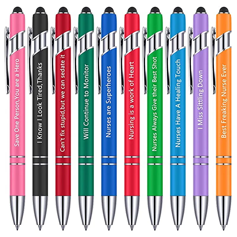 10 Pack Funny Nurse Quote Ballpoint Stylus Pens, Nurse Appreciation Gift Set Multicolor metal click ballpoint pens with funny nurse inspirational quotes, built-in stylus tip for touchscreen use, bulk gift set for nursing staff