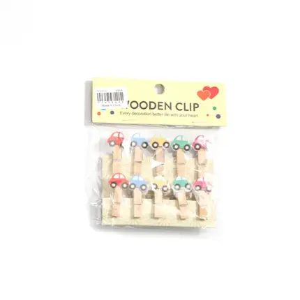 Assorted decorative wooden clips including solid multicolor style and cartoon car printed style for photo and craft decoration