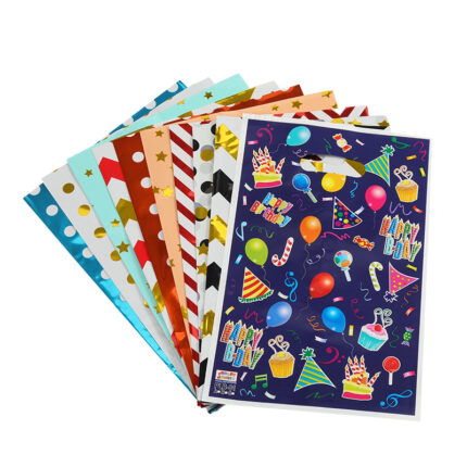 Assorted birthday gift wrapping paper set with cake, balloon, polka dot and stripe patterns, colorful decorative wrapping sheets for holiday party present packaging