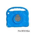 Bright blue rugged silicone tablet case with carry handle and 360° rotating kickstand, tailored for Amazon Fire HD 8, offering anti-drop protection for kids learning and daily outdoor use.