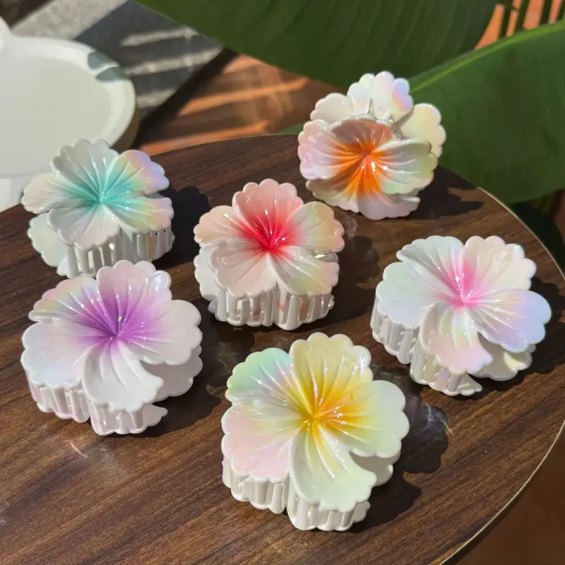 Six iridescent gradient hibiscus flower shaped hair claw clips for women hairstyle decoration daily and party use