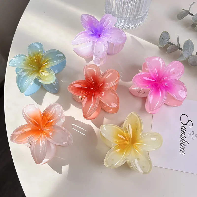 Six gradient translucent plumeria flower hair claw clips for women summer hairstyle and beach vacation use