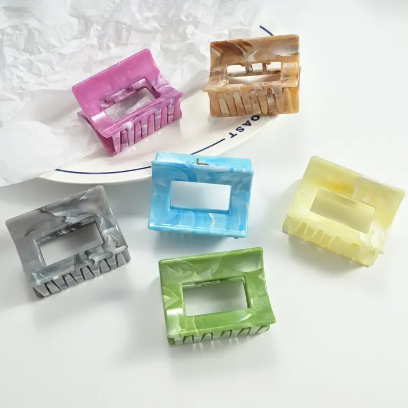 Multicolor hollow square marble patterned plastic hair claw clips for women daily hairstyle fixing