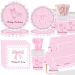 Pink bow themed disposable birthday tableware set with plates, cups, napkins and tablecloth, delicate party supplies prepared for girls' birthday home celebration events