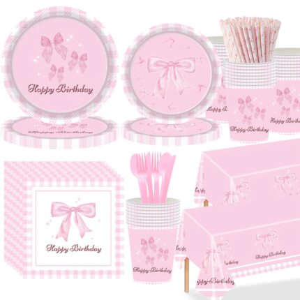 Pink bow themed disposable birthday tableware set with plates, cups, napkins and tablecloth, delicate party supplies prepared for girls' birthday home celebration events