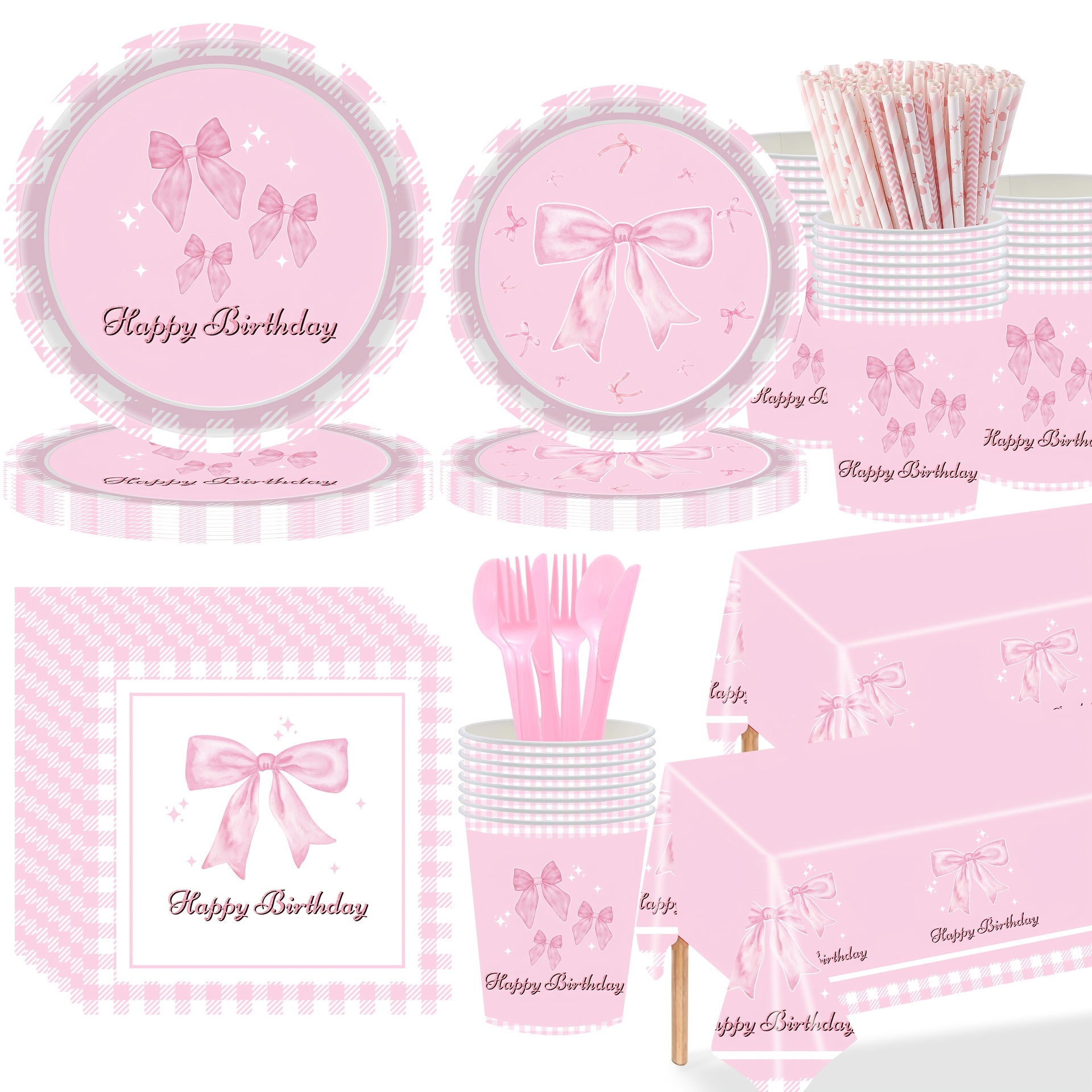 Pink Bow Disposable Birthday Tableware Set Girls Birthday Party Decor Supplies Including Plates Cups Tablecloth Pink bow themed disposable birthday tableware set with plates, cups, napkins and tablecloth, delicate party supplies prepared for girls' birthday home celebration events
