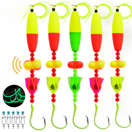 Five colorful pre-assembled fishing float rigs equipped with alarm bells and luminous hooks, used for bite alert during freshwater night fishing activities.