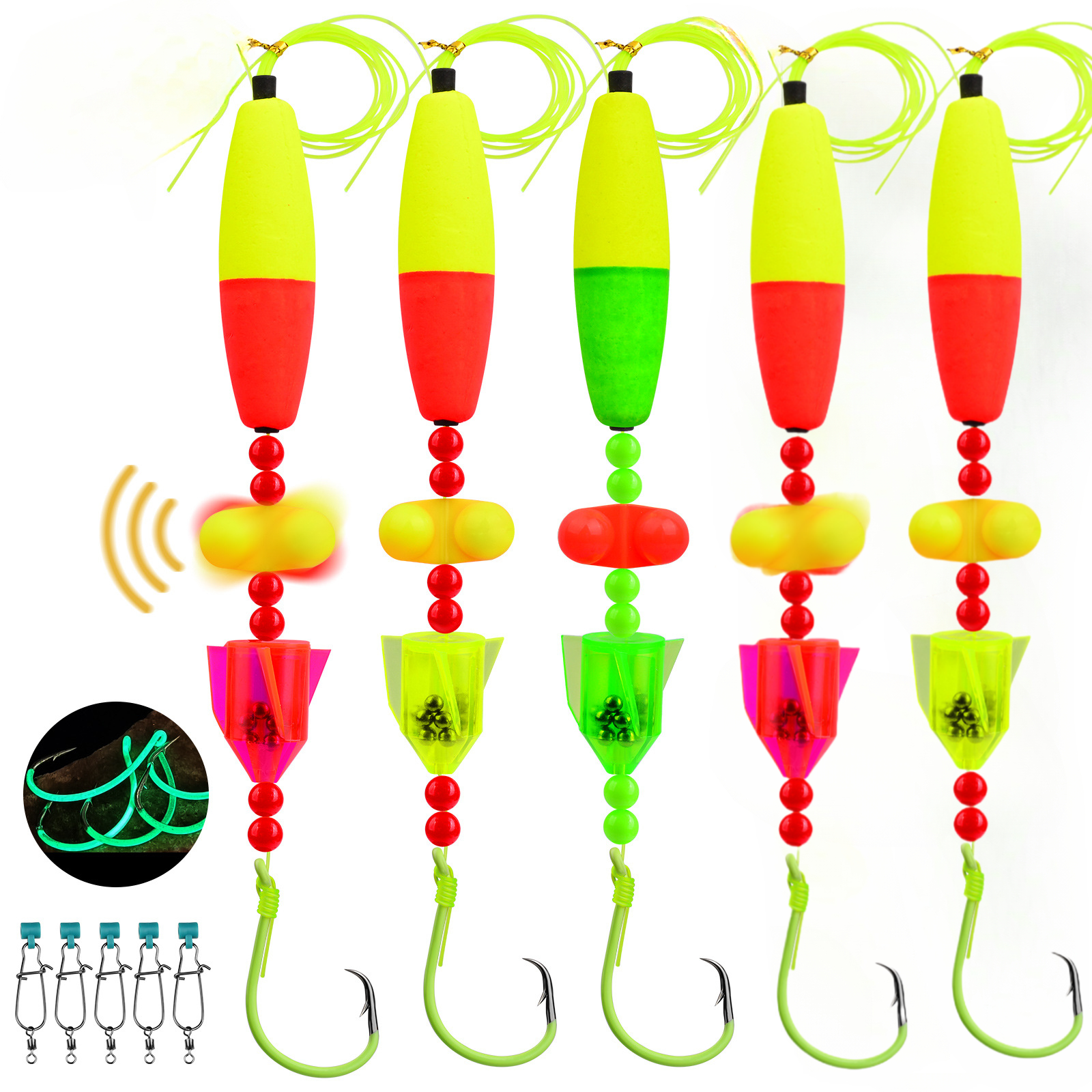 5Pcs Pre-Tied Fishing Float Rigs with Alarm Bell & Luminous Hooks for Freshwater Night Fishing Five colorful pre-assembled fishing float rigs equipped with alarm bells and luminous hooks, used for bite alert during freshwater night fishing activities.