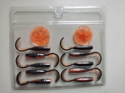 Packaged lifelike curly tail soft silicone fishing lures paired with fish attractant, used as fishing tackle for freshwater and saltwater fishing activities