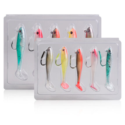 Two transparent storage boxes holding multiple colorful pre-rigged soft plastic swimbaits with sharp hooks, designed for freshwater and saltwater predatory fish angling.