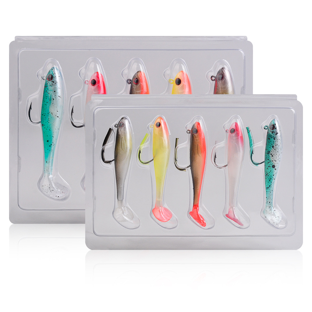 5Pcs Pre-Rigged Soft Swimbaits Lifelike Fishing Lures for Freshwater Saltwater Bass Trout Fishing Two transparent storage boxes holding multiple colorful pre-rigged soft plastic swimbaits with sharp hooks, designed for freshwater and saltwater predatory fish angling.