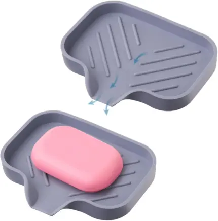 Self-draining Silicone Soap Dish with Sloped Drain Spout, Non Slip Soap Holder for Bathroom Sink Shower Countertop