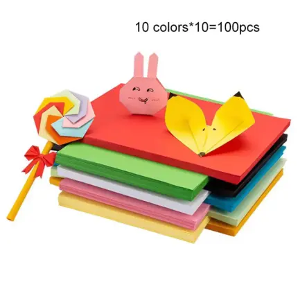 Stacked multi-color double-sided origami paper pack with finished folded paper artworks, 10 colors total 100 sheets for handmade folding crafts