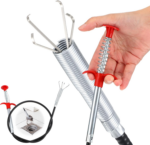 Flexible metal four-claw drain clog remover tool with red handle, used for grabbing hair and debris to unclog kitchen, bathroom floor drains and sewer pipes at home.