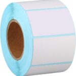 Roll of white self-adhesive thermal sticker labels with light blue backing for shipping and barcode printing