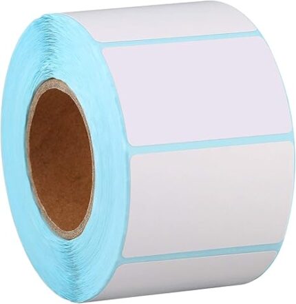 Roll of white self-adhesive thermal sticker labels with light blue backing for shipping and barcode printing