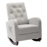 Beige tufted upholstered rocking armchair with side storage pocket, padded recliner glider chair for nursery living room rest