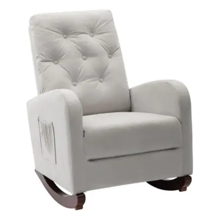 Beige tufted upholstered rocking armchair with side storage pocket, padded recliner glider chair for nursery living room rest
