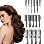 15-piece black salon hair comb set with teasing, cutting and wide-tooth combs for professional hairstyling display next to wavy model hair
