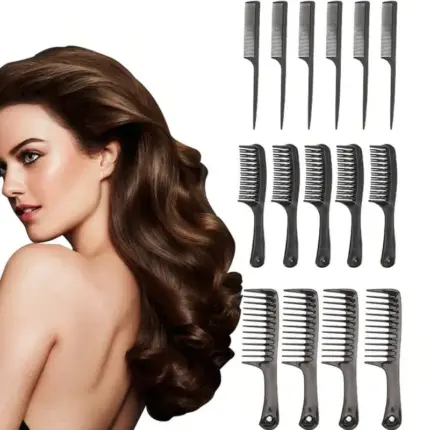 15-piece black salon hair comb set with teasing, cutting and wide-tooth combs for professional hairstyling display next to wavy model hair