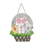 Wooden Happy Easter basket door hanging featuring bunny, chick and sheep cartoon characters for front door holiday decoration
