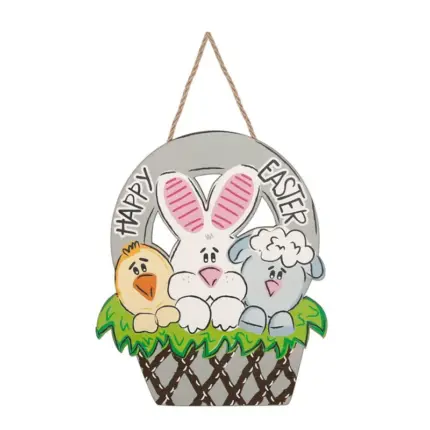 Wooden Happy Easter basket door hanging featuring bunny, chick and sheep cartoon characters for front door holiday decoration