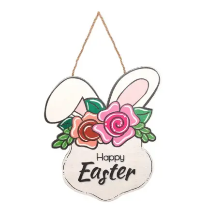 Wooden Easter hanging sign shaped as bunny ears decorated with roses printed with Happy Easter text for front door seasonal decoration
