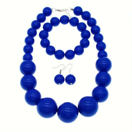 Two-color option chunky graduated round acrylic bead matching jewelry set with statement necklace, stretch bracelet and drop dangle earrings for women fashion styling