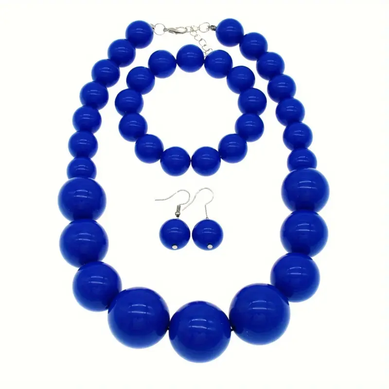 Two-color option chunky graduated round acrylic bead matching jewelry set with statement necklace, stretch bracelet and drop dangle earrings for women fashion styling