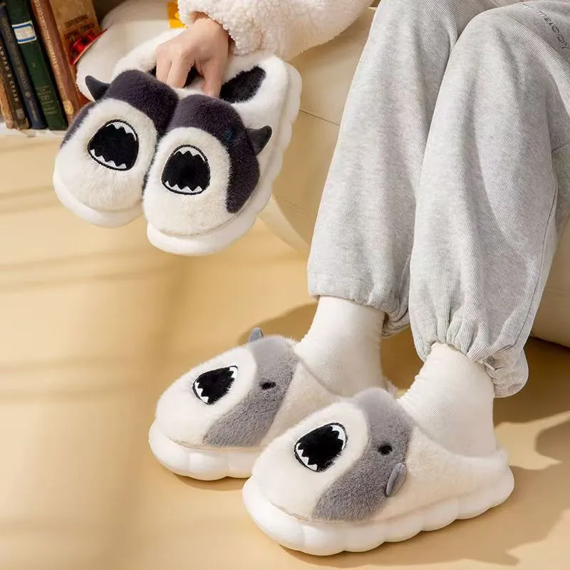Cute Cartoon Shark Plush Open Toe Slippers, Soft Fluffy Warm Non Slip House Slides for Indoor Bedroom Daily Wear